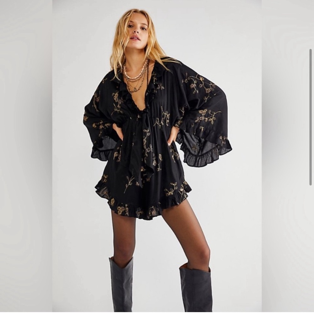 Free People Black & Gold Embroidered Fancy Romper